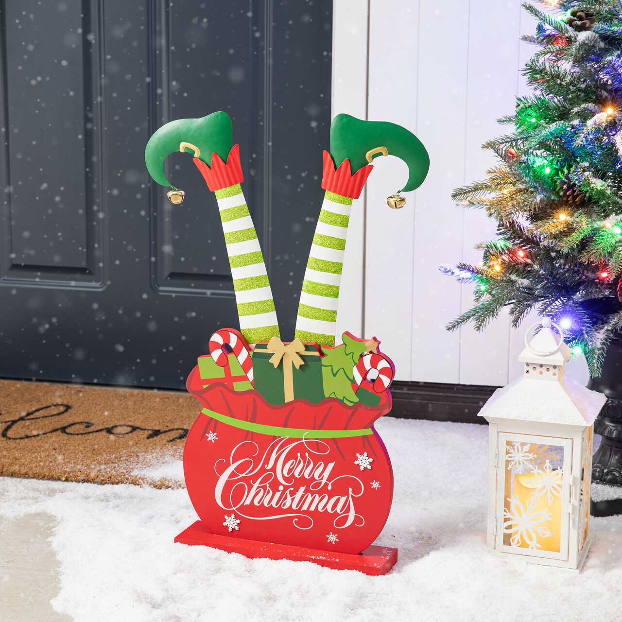 24.5"H Christmas Wooden/Metal Elf Legs in Gift Box Porch Decor(KD)